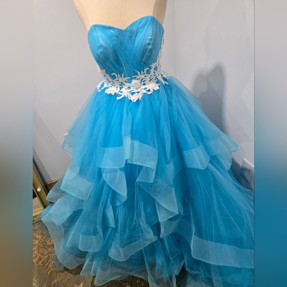 Mila Hoffman Custom Couture Ball Gown, Blue Topaz, White Floral Emroidered Waist - Picture 9 of 17
